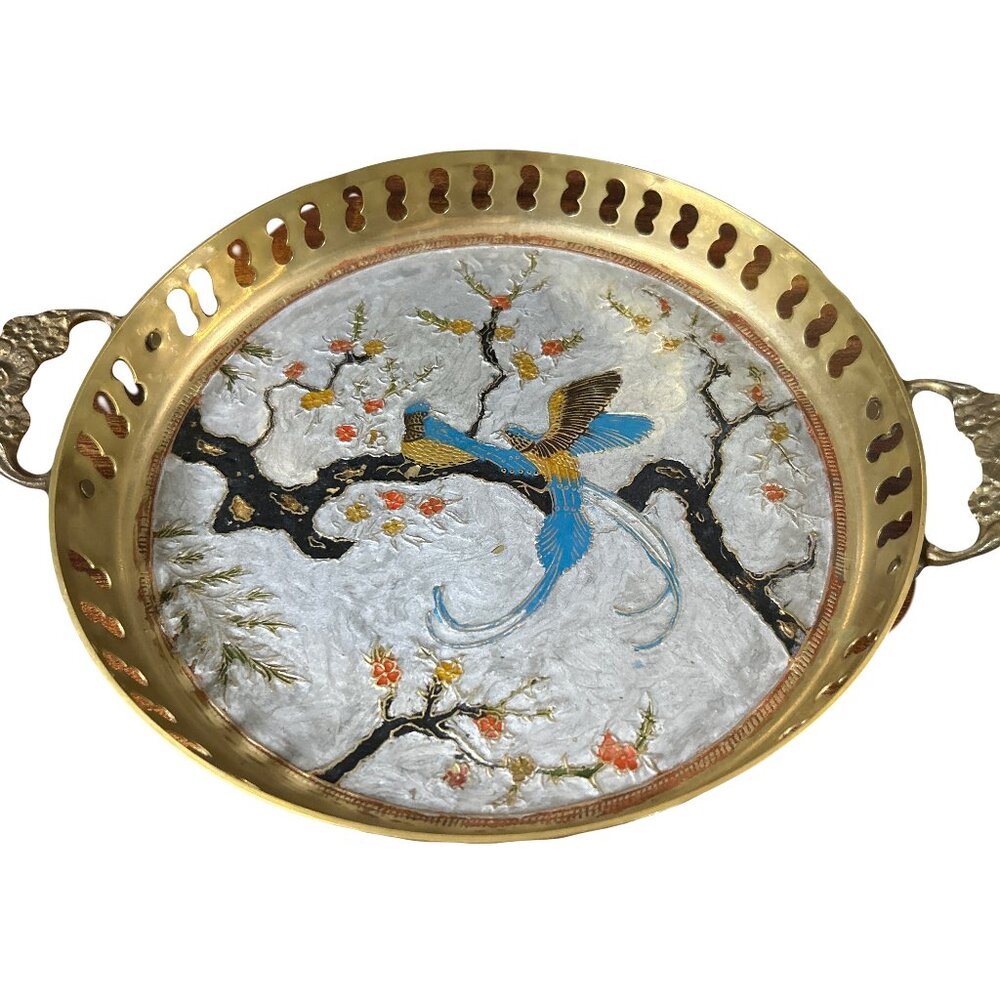 Antique Brass Round Decorative Tray Original Old Very Hand Painted 7.75"